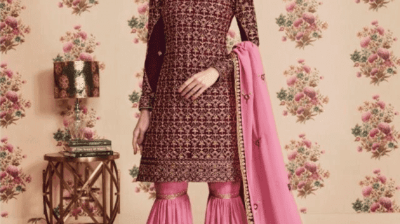 Semi-Stitched Gharara Three Piece - (Maroon-Pink)